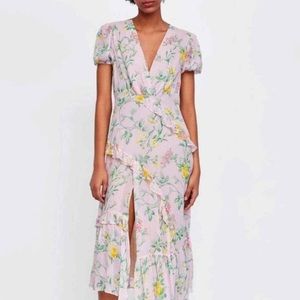 Zara asymmetrical floral midi with slit and puff sleeves